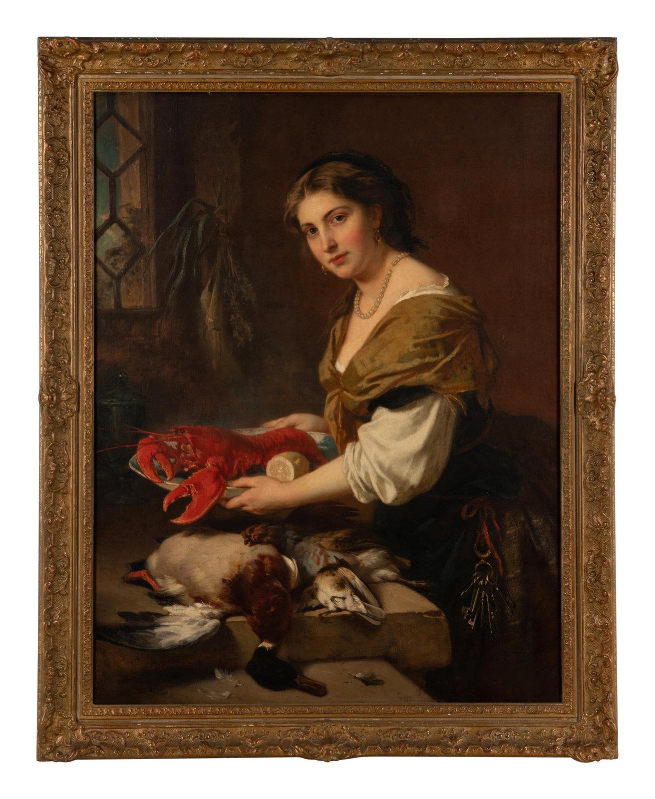 Otto Meyer Animal Painting - A Magnificent Oil Painting "A Dainty Bit" A Woman With Lobster and Game