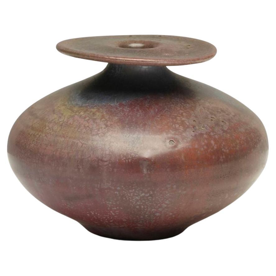 Otto Natzler and Gertrud Natzler Rare Form, Round Bottle with Flange, 1974 For Sale