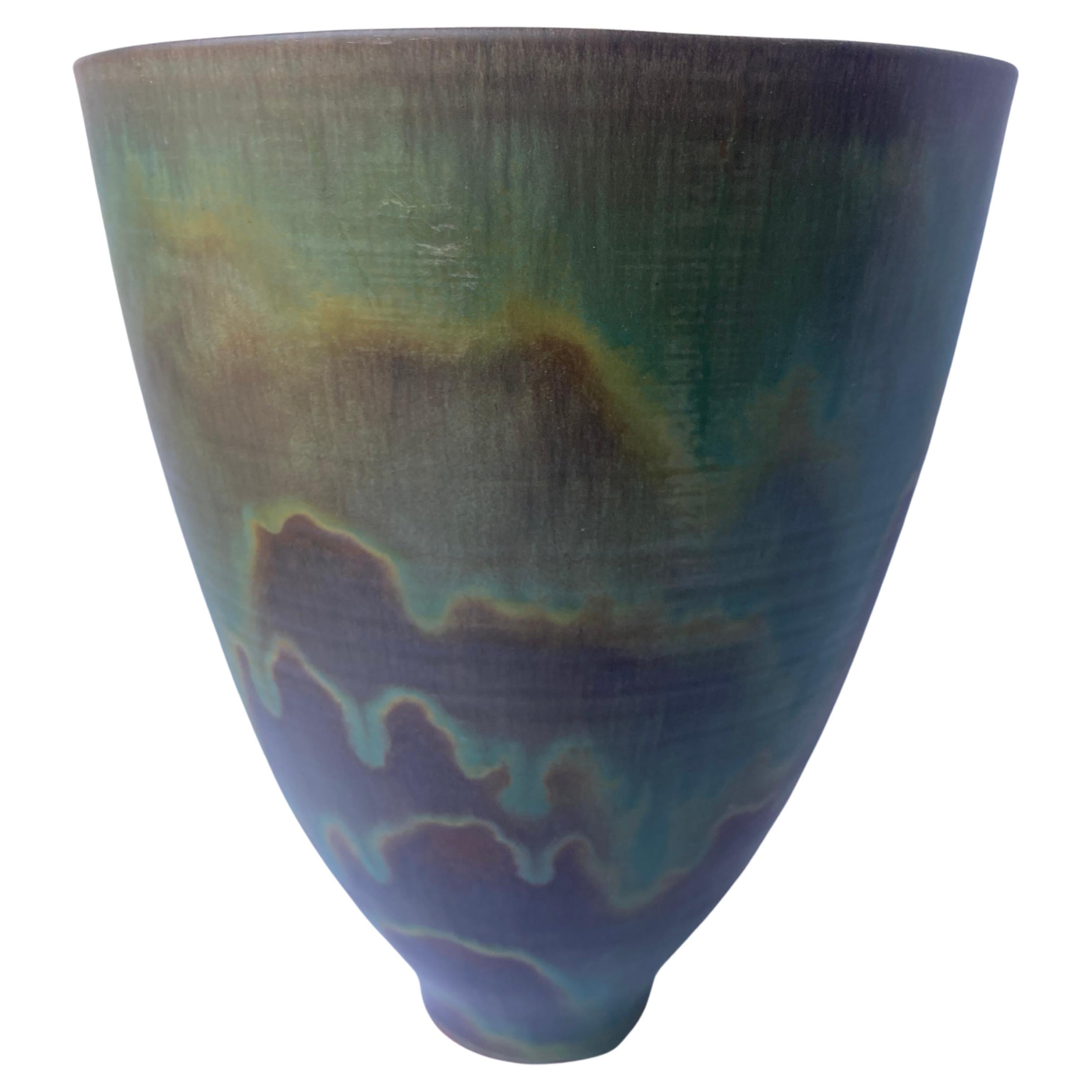 Otto Natzler Large Terracotta / Pottery Vase in Green Metal Glaze, Signed