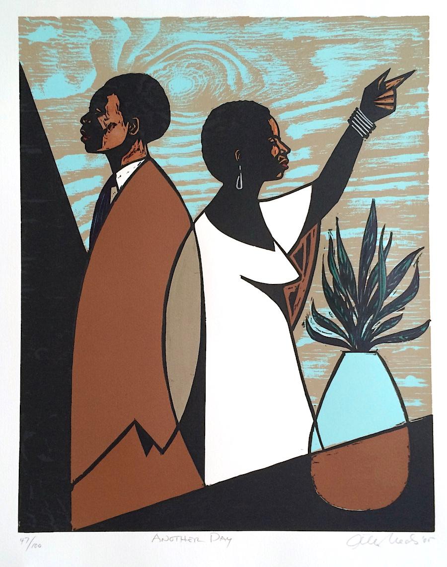 ANOTHER DAY Signed Woodcut, Modern Portrait, Black Couple, Brown, Blue, Beige - Print by Otto Neals