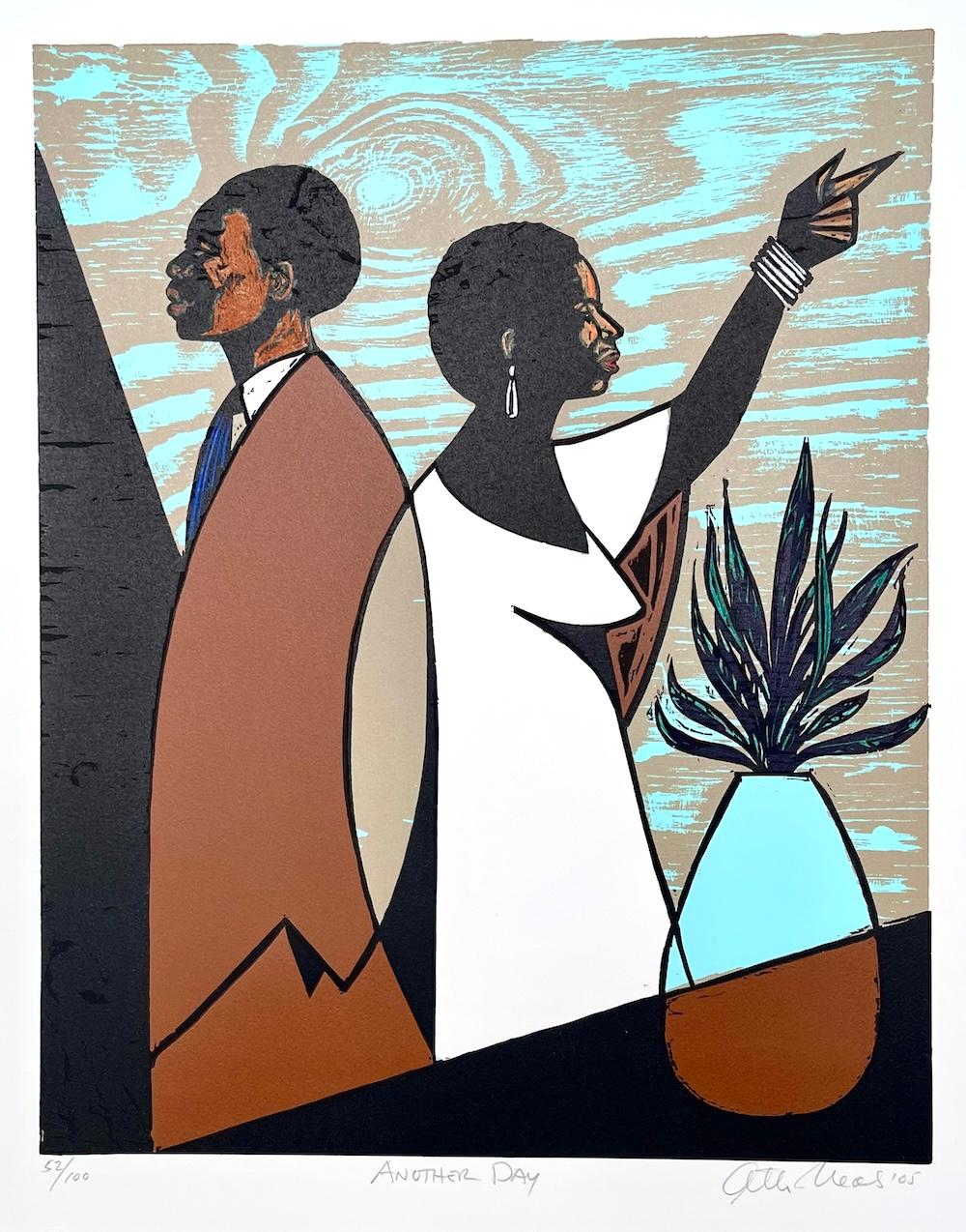 OTRO DÍA xilografía firmada, retrato moderno, pareja negra, marrón, azul, beige - Print de Otto Neals