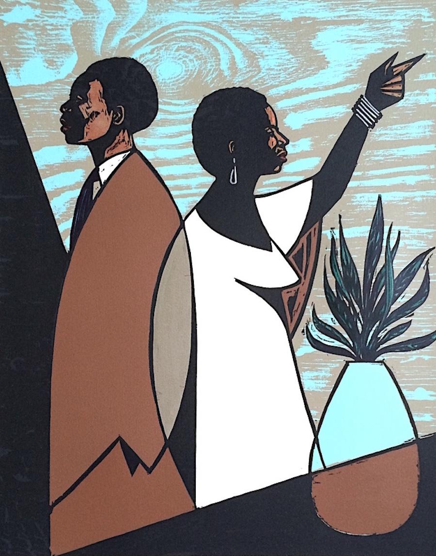 ANOTHER DAY Signed Woodcut, Modern Portrait, Black Couple, Brown, Blue, Beige - Print by Otto Neals