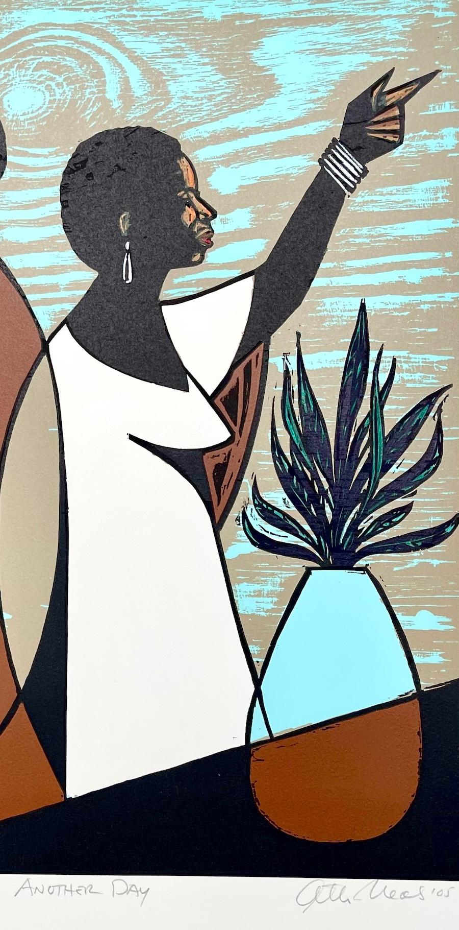 OTRO DÍA xilografía firmada, retrato moderno, pareja negra, marrón, azul, beige - Interior Print Gris de Otto Neals