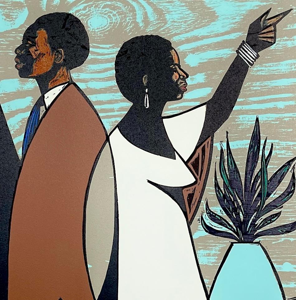 ANOTHER DAY, gravure sur bois signée, portrait moderne, double noir, marron, bleu, beige - Contemporain Print par Otto Neals