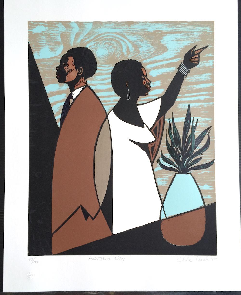 ANOTHER DAY is an original limited edition woodcut and screen print by the American painter and sculptor, Otto Neals. The woodblock used to print ANOTHER DAY was hand-carved by Otto Neals and printed in shades of brown, light blue, beige, and black
