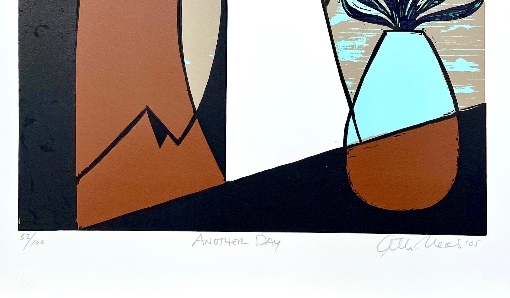 ANOTHER DAY Signed Woodcut, Modern Portrait, Black Couple, Brown, Blue, Beige - Gray Interior Print by Otto Neals