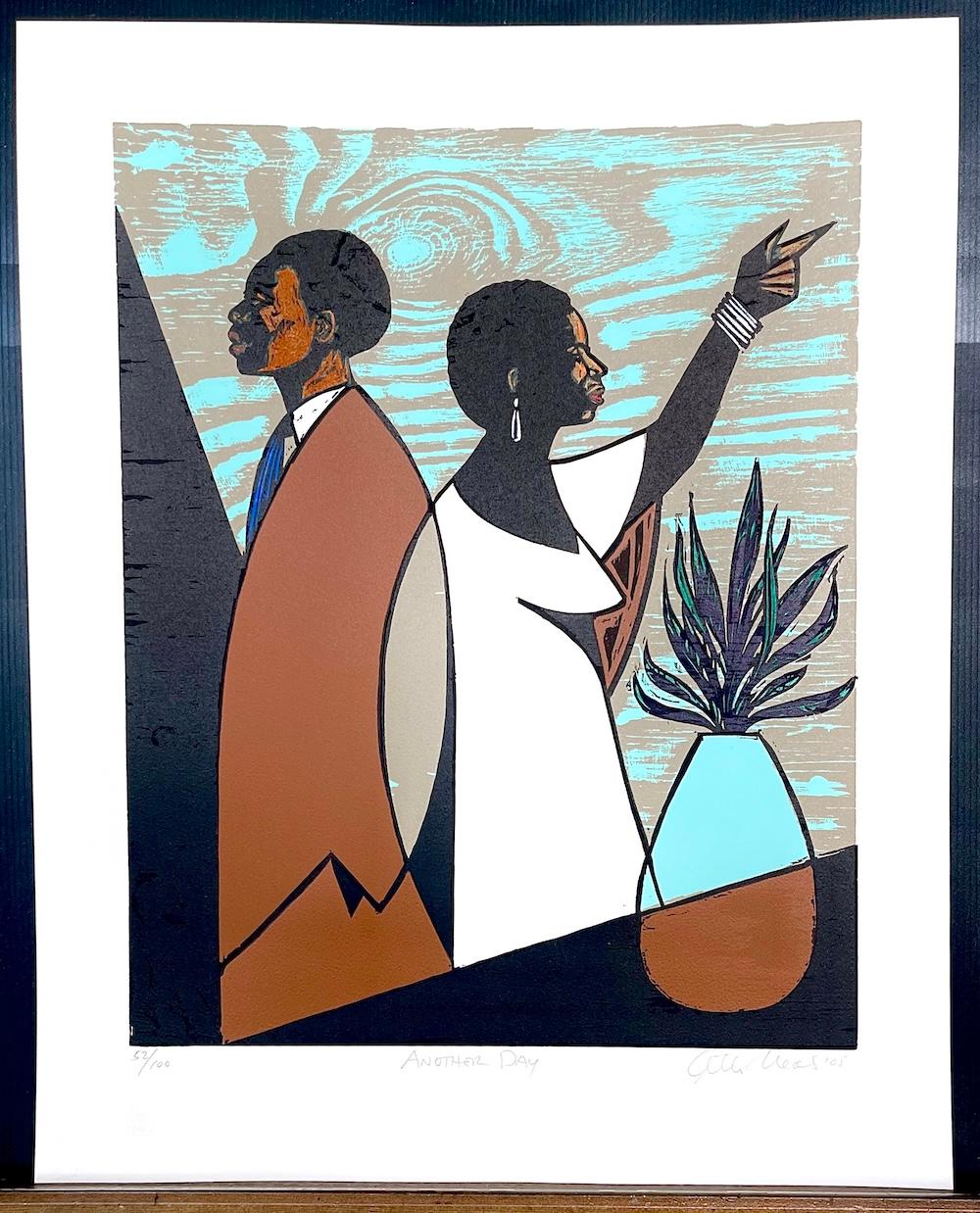 OTRO DÍA xilografía firmada, retrato moderno, pareja negra, marrón, azul, beige en venta 1