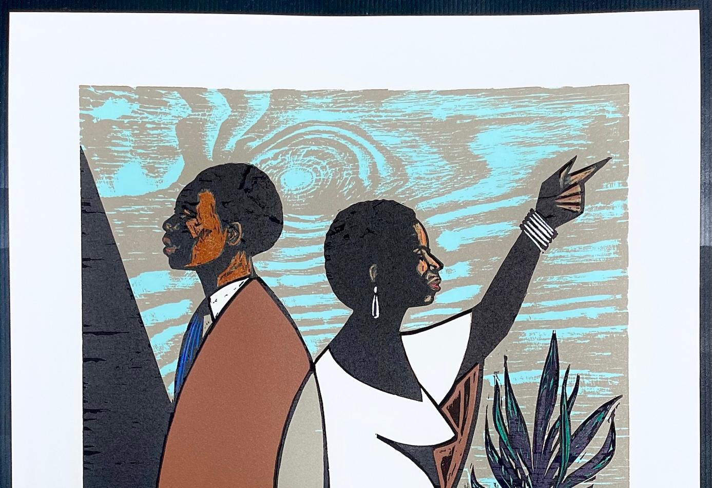 OTRO DÍA xilografía firmada, retrato moderno, pareja negra, marrón, azul, beige en venta 2