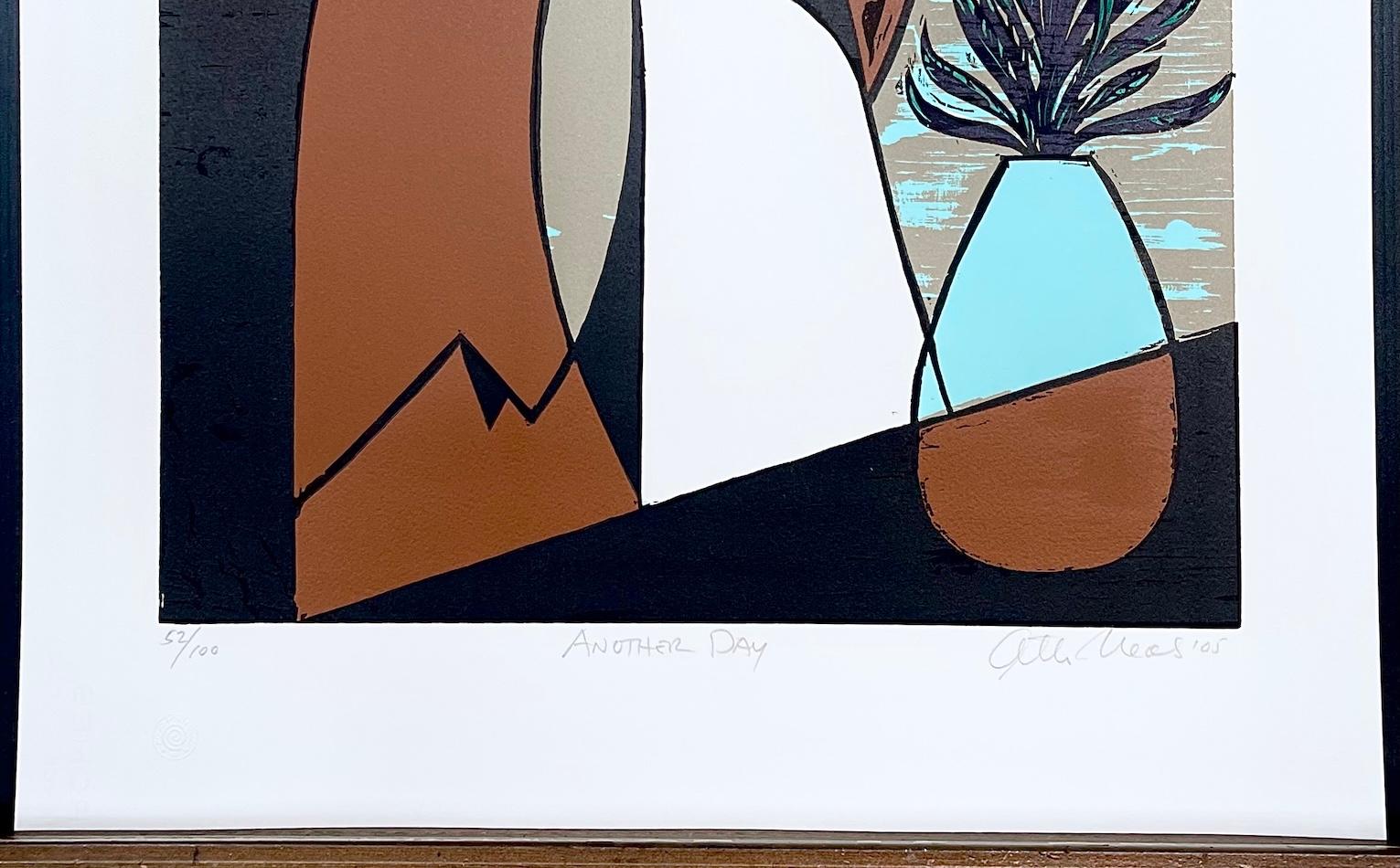 ANOTHER DAY, gravure sur bois signée, portrait moderne, double noir, marron, bleu, beige en vente 2