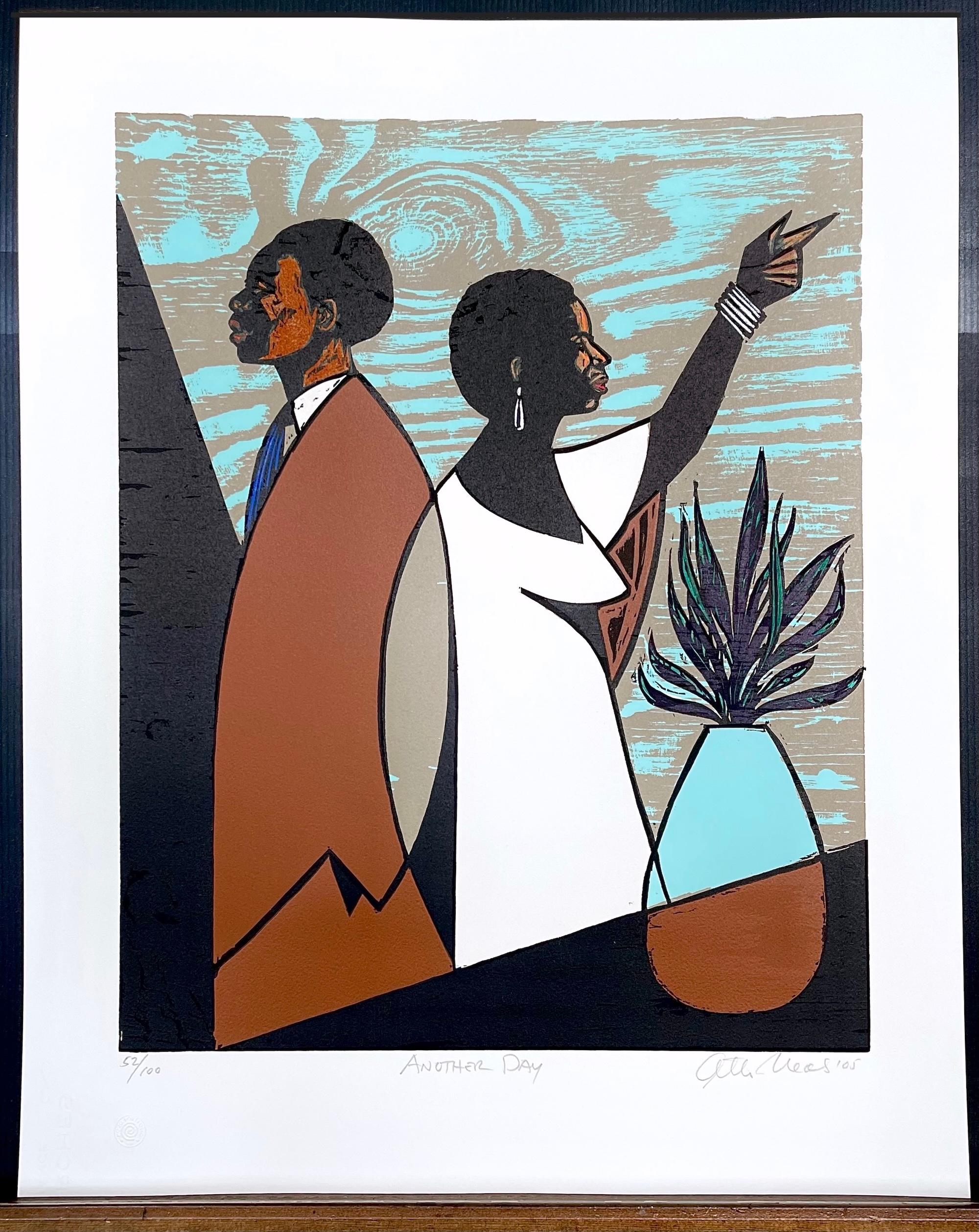 ANOTHER DAY, gravure sur bois signée, portrait moderne, double noir, marron, bleu, beige en vente 3