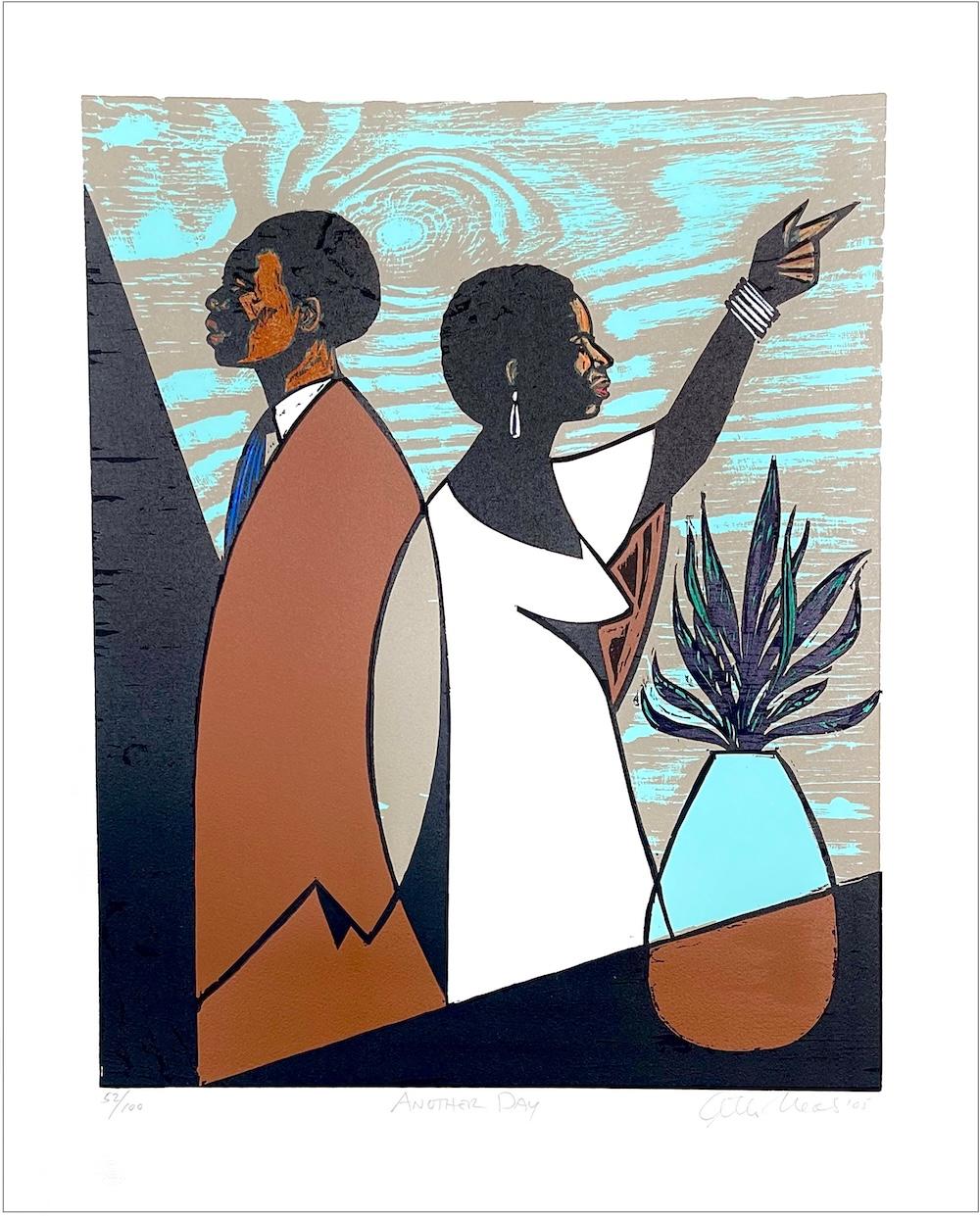 OTRO DÍA xilografía firmada, retrato moderno, pareja negra, marrón, azul, beige