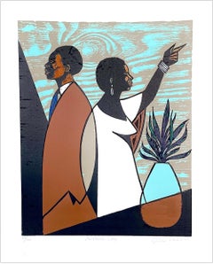 OTRO DÍA xilografía firmada, retrato moderno, pareja negra, marrón, azul, beige