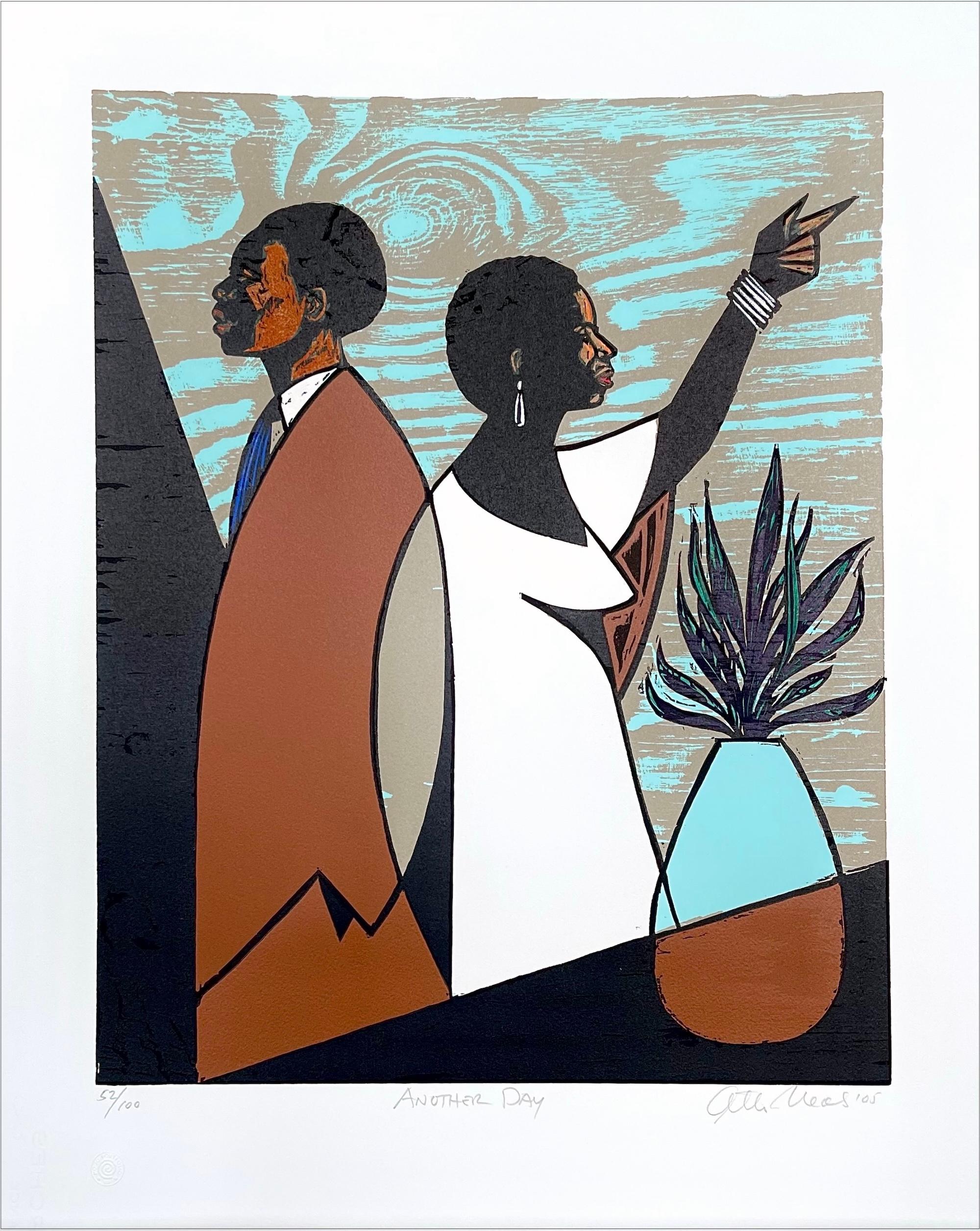 ANOTHER DAY Signed Woodcut, Modern Portrait, Black Couple, Brown, Blue, Beige