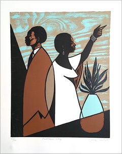 ANOTHER DAY Signed Woodcut, Modern Portrait, Black Couple, Brown, Blue, Beige