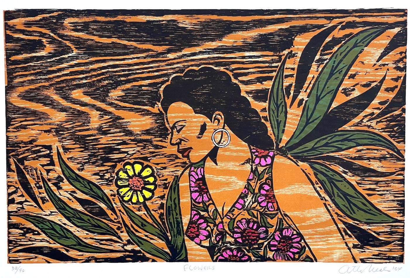 FLOWERS Signed Woodcut Young Woman Hoop Earring Tropical Floral Dress, Woodgrain - Print by Otto Neals