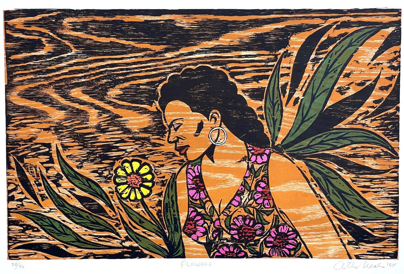 FLORES Grabado en madera firmado, Retrato de mujer joven, Vestido floral tropical, Grabado en madera - Print de Otto Neals