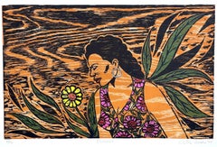 FLOWERS Signed Woodcut, Young Woman Portrait, Tropical Floral Dress, Woodgrain