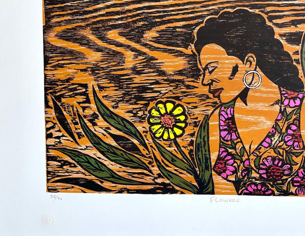 FLORES Grabado en madera firmado, Retrato de mujer joven, Vestido floral tropical, Grabado en madera en venta 1