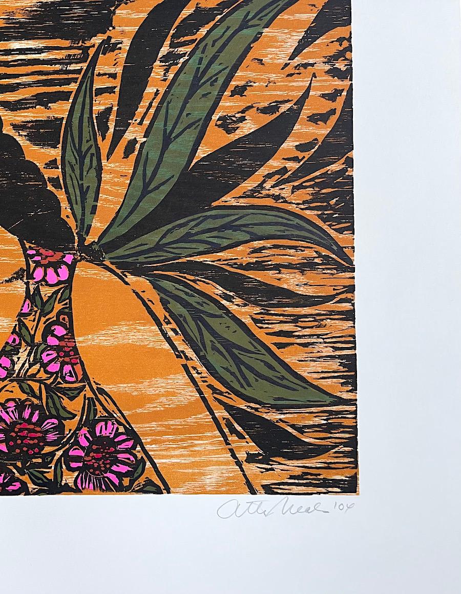FLOWERS is an original limited edition woodcut print by the African-American painter and sculptor, Otto Neals. The woodblock used to print FLOWERS was hand carved by Otto Neals and printed in two colors - burnt orange and black on Rives BFK