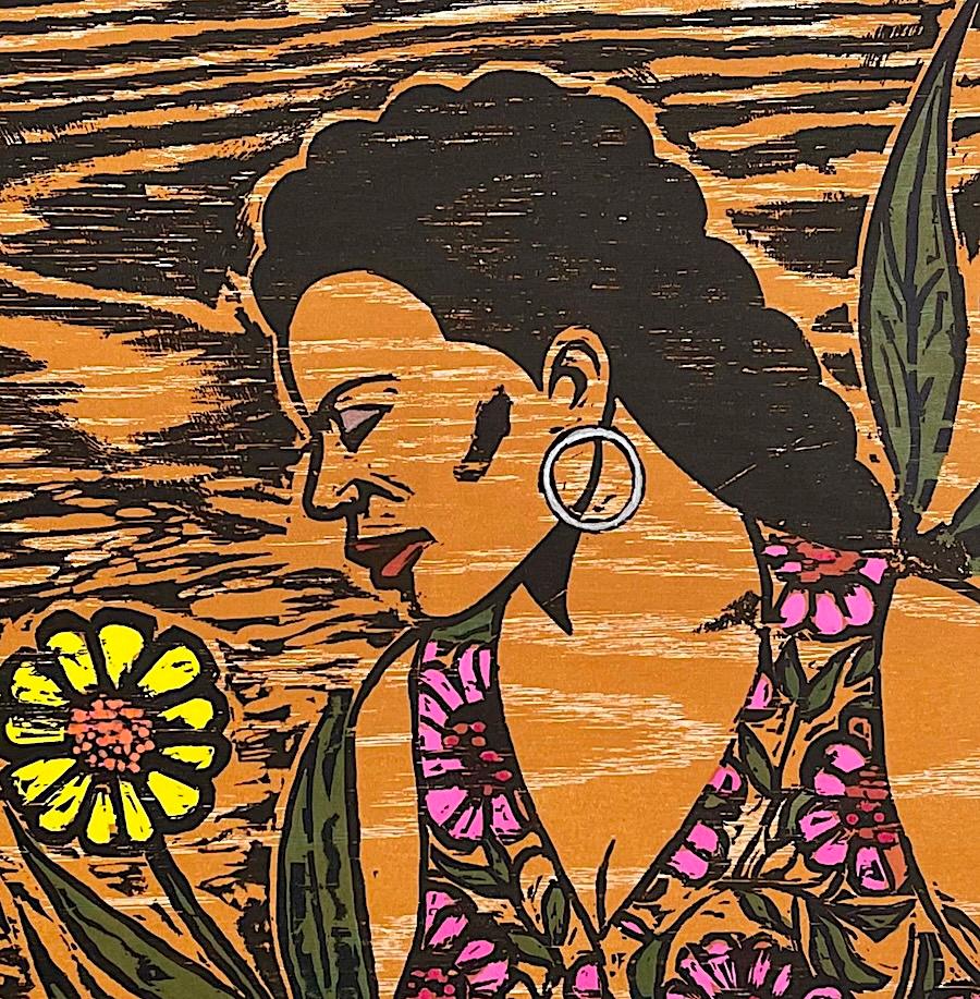 FLORES Grabado en madera firmado, Retrato de mujer joven, Vestido floral tropical, Grabado en madera - Portrait Print Negro de Otto Neals