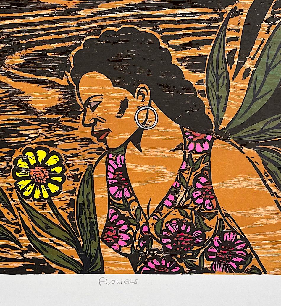 FLORES Grabado en madera firmado, Retrato de mujer joven, Vestido floral tropical, Grabado en madera - Print Contemporáneo de Otto Neals
