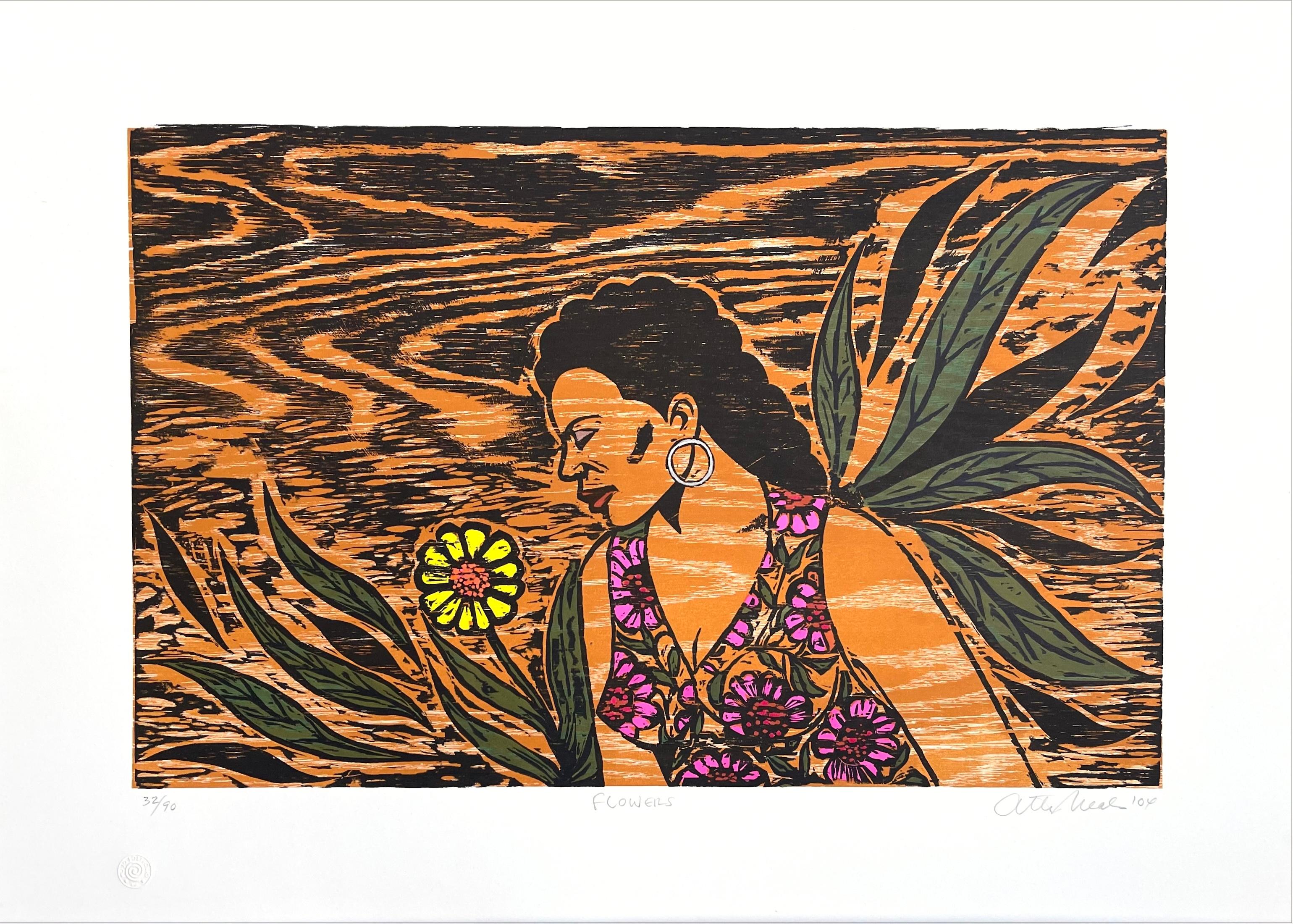 FLOWERS Signed Woodcut, Young Woman Portrait, Tropical Floral Dress, Woodgrain