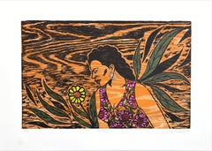 FLOWERS Signed Woodcut, Young Woman Portrait, Tropical Floral Dress, Woodgrain