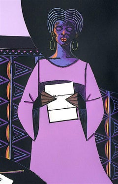 THE BREAK OF DAY Signed Woodcut, Black Female Portrait, Woman Reading Letter