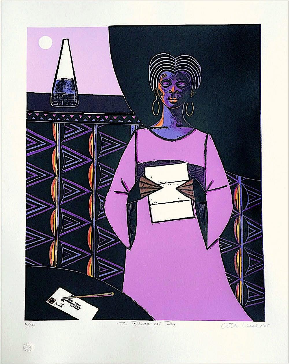 THE BREAK OF DAY is an original limited edition woodcut print by the African-American painter and sculptor, Otto Neals. The woodblock used to print THE BREAK OF DAY was hand-carved by Otto Neals and printed at JK Fine Art Editions Co. in shades of