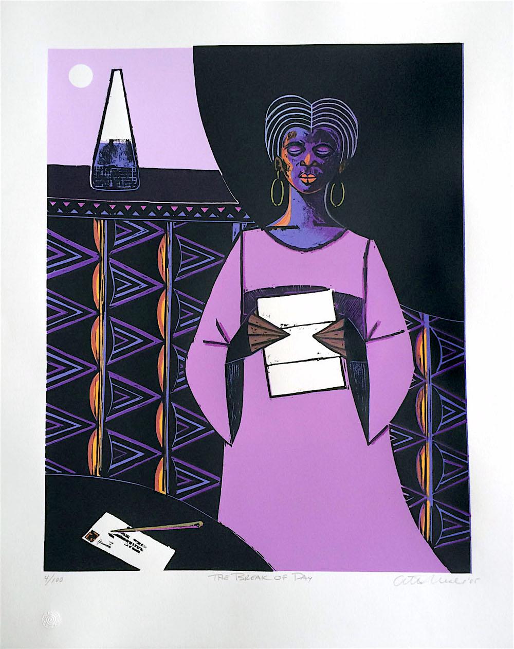 THE BREAK OF DAY Signed Woodcut, Black Female Portrait, Woman Reading Letter - Contemporary Print by Otto Neals