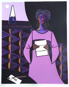 Used THE BREAK OF DAY Signed Woodcut, Black Female Portrait, Woman Reading Letter