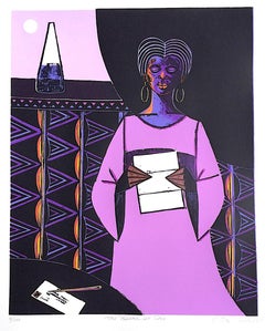 THE BREAK OF DAY Signed Woodcut, Black Woman Reading Letter Afrocentric Interior