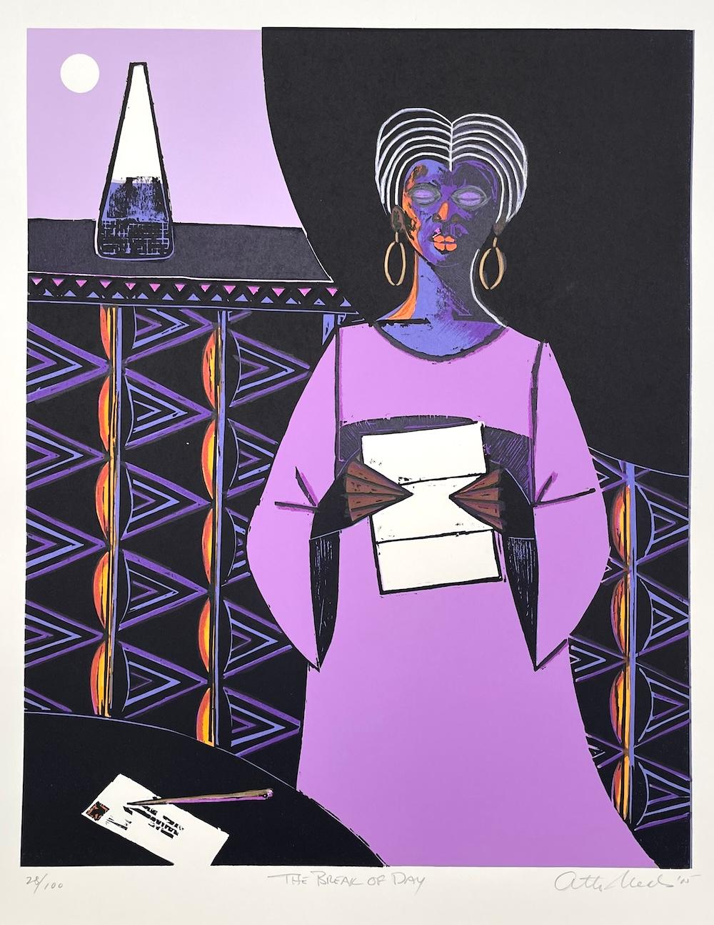 EL ALBA DEL DÍA xilografía firmada, mujer negra leyendo una carta, vestido lavanda - Print de Otto Neals