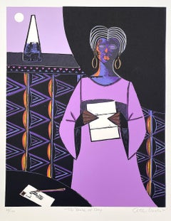 THE BREAK OF DAY Signed Woodcut, Black Woman Reading Letter, Lavender Dress