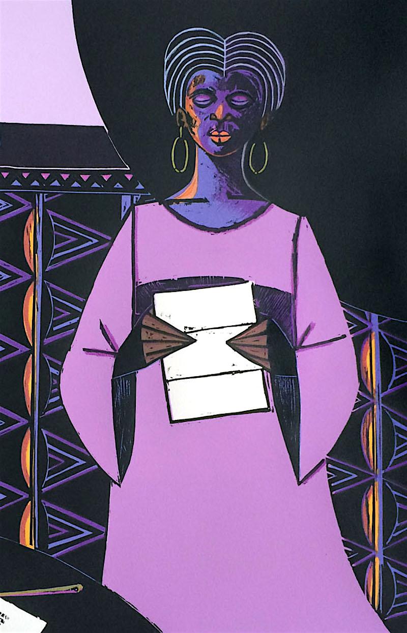 THE BREAK OF DAY Signed Woodcut, Black Woman Reading Letter, Lavender Dress - Print by Otto Neals