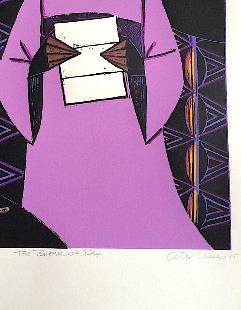 THE BREAK OF DAY Signiertes Holzschnitt, schwarze Frau beim Lesen von Buchstaben, lavendelfarbenes Kleid (Zeitgenössisch), Print, von Otto Neals