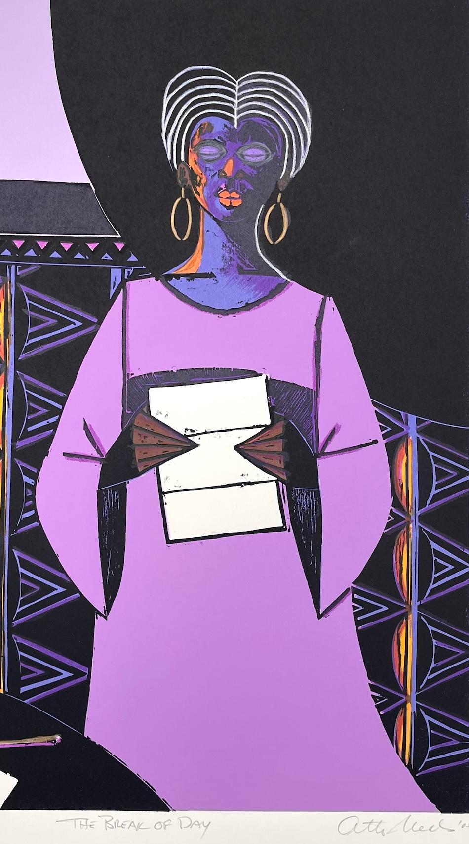 EL ALBA DEL DÍA xilografía firmada, mujer negra leyendo una carta, vestido lavanda - Print Contemporáneo de Otto Neals