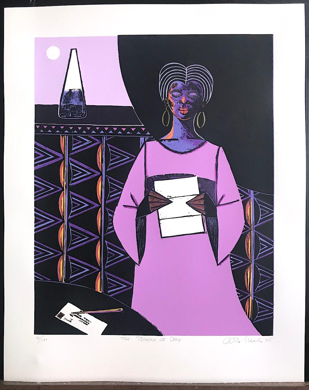 THE BREAK OF DAY Signiertes Holzschnitt, schwarze Frau beim Lesen von Buchstaben, lavendelfarbenes Kleid im Angebot 1