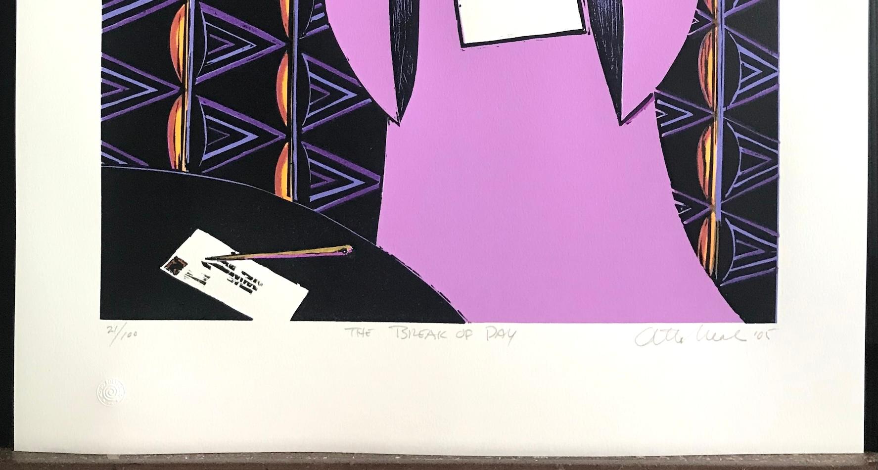 EL ALBA DEL DÍA xilografía firmada, mujer negra leyendo una carta, vestido lavanda en venta 1