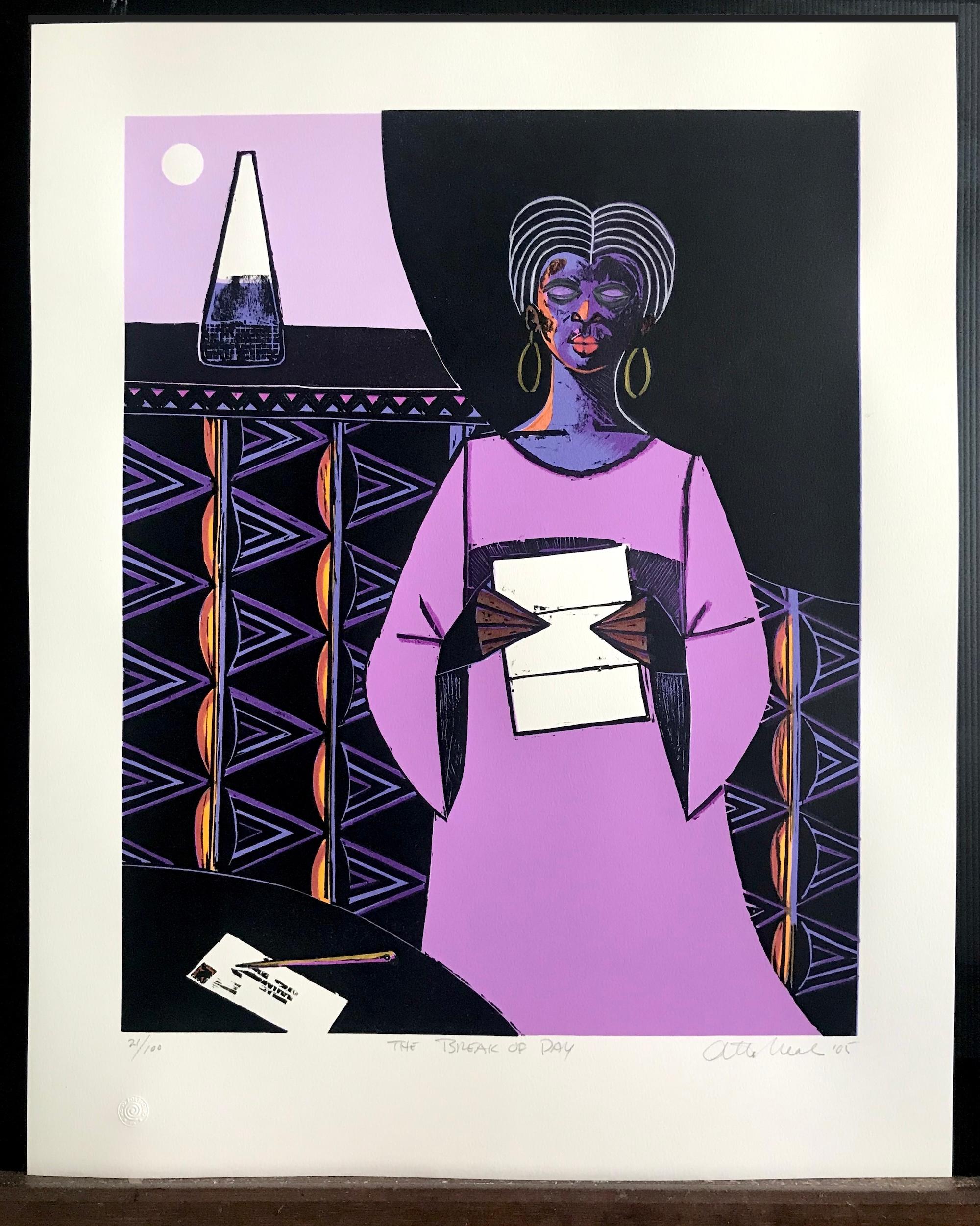 THE BREAK OF DAY, gravure sur bois signée, femme en train de lire une lettre, robe lavande en vente 3