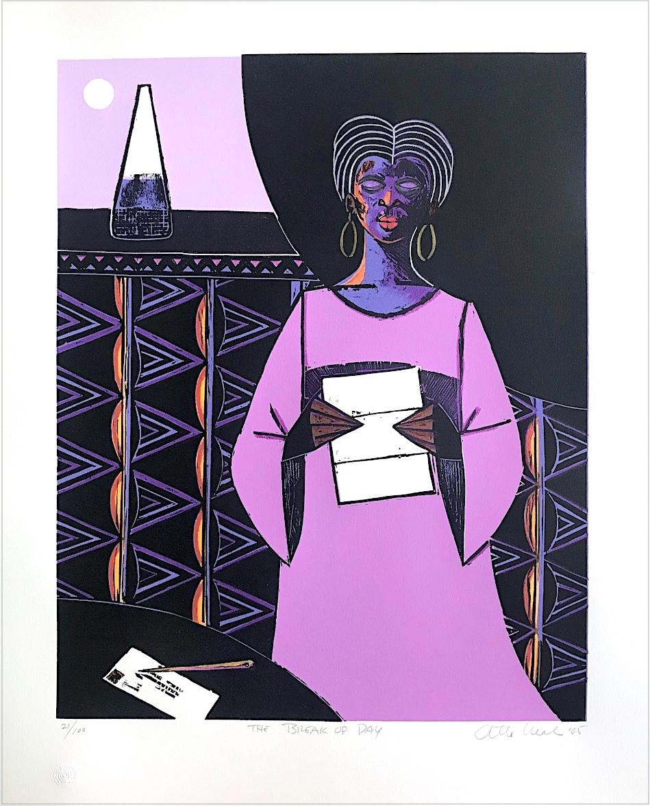 Otto Neals Interior Print – THE BREAK OF DAY Signiertes Holzschnitt, schwarze Frau beim Lesen von Buchstaben, lavendelfarbenes Kleid