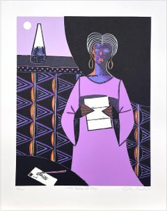 EL ALBA DEL DÍA xilografía firmada, mujer negra leyendo una carta, vestido lavanda