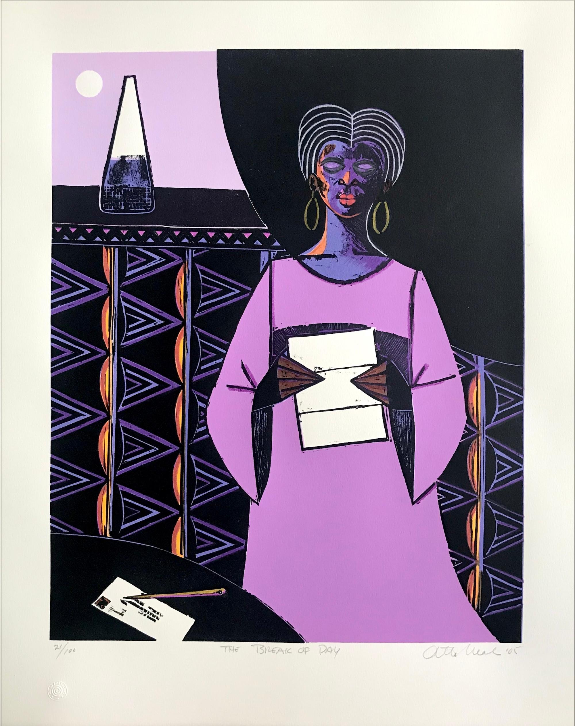 THE BREAK OF DAY, gravure sur bois signée, femme en train de lire une lettre, robe lavande