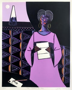 THE BREAK OF DAY, gravure sur bois signée, femme en train de lire une lettre, robe lavande