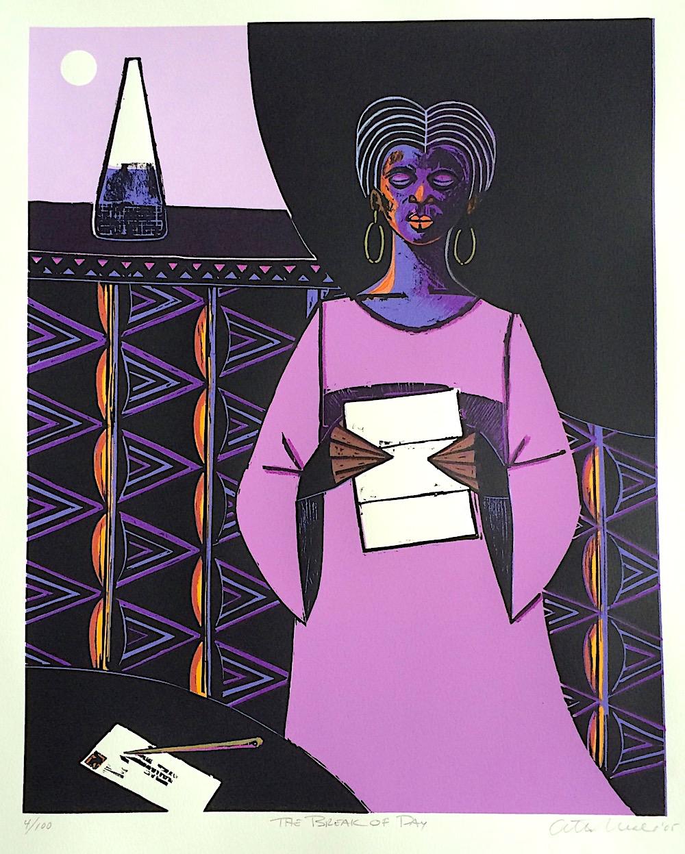 Otto Neals Portrait Print - THE BREAK OF DAY Signed Woodcut, Black Woman Reading Letter, Lavender Dress