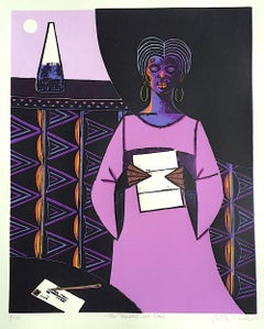 THE BREAK OF DAY Signed Woodcut, Black Woman Reading Letter, Lavender Dress