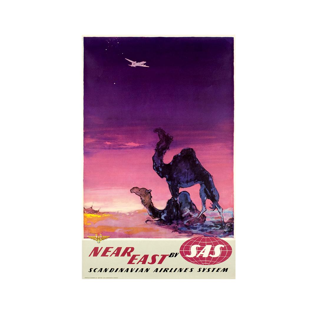 Circa 1950 Original travel poster Near East SAS Scandinavian Airlines System For Sale 1