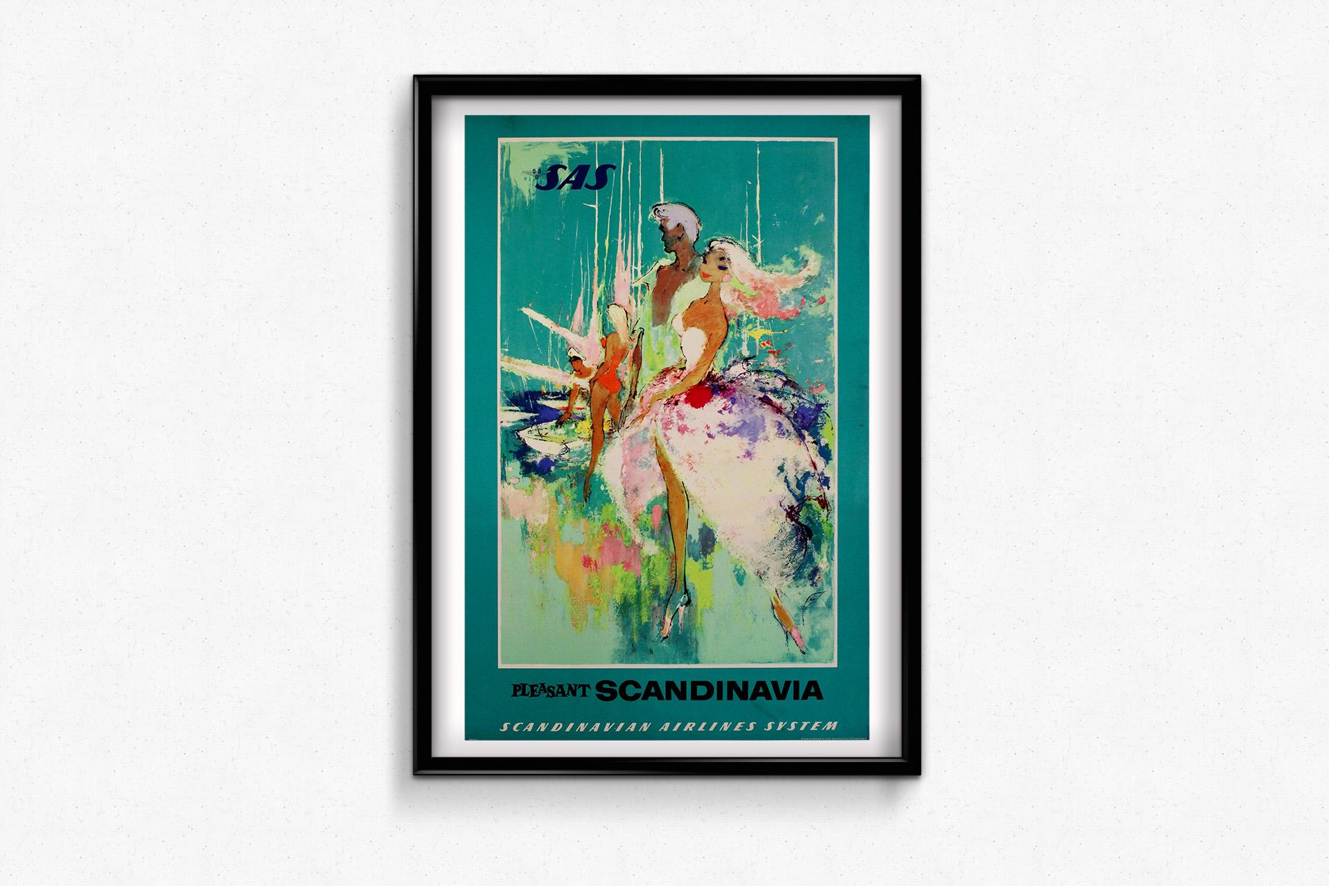 The circa 1960 original poster by Nielsen Otto for SAS (Scandinavian Airlines System) titled Pleasant Scandinavia is a delightful piece of mid-century travel advertising that captures the charm and allure of northern Europe. Created during the