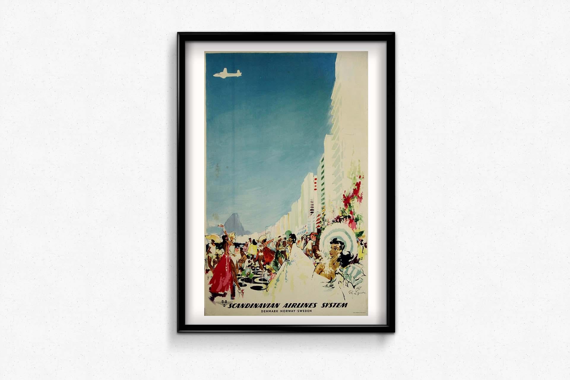 The circa 1960 original travel poster by Otto Nielsen for Scandinavian Airlines System (SAS) vividly captures the allure and vibrancy of Rio de Janeiro. This striking poster, designed by the celebrated Danish artist Otto Nielsen, is a brilliant