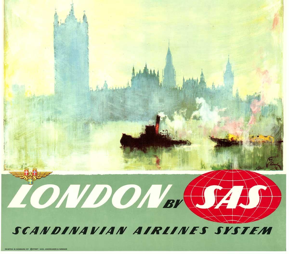 Affiche vintage originale de la compagnie SAS Scandinavian Airlines de Londres, 1ère impression  - Print de Otto Nielsen
